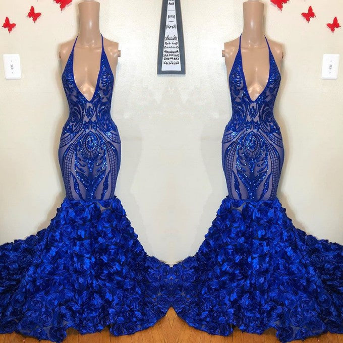 Royal Blue Mermaid Prom Dress Flowers Bottom Sequins V-Neck