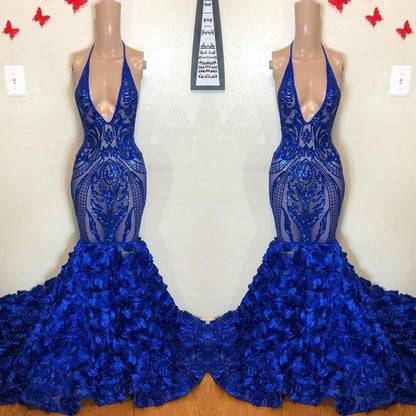 Royal Blue Mermaid Prom Dress Flowers Bottom Sequins V-Neck