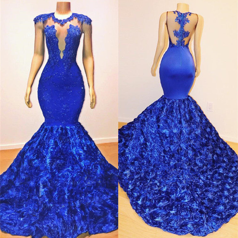 Vestido de noche transparente sin mangas con flores sexy de sirena azul real