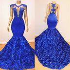 Vestido de noche transparente sin mangas con flores sexy de sirena azul real