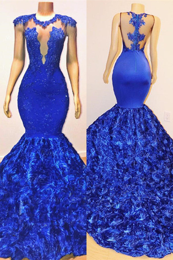 Vestido de noche transparente sin mangas con flores sexy de sirena azul real