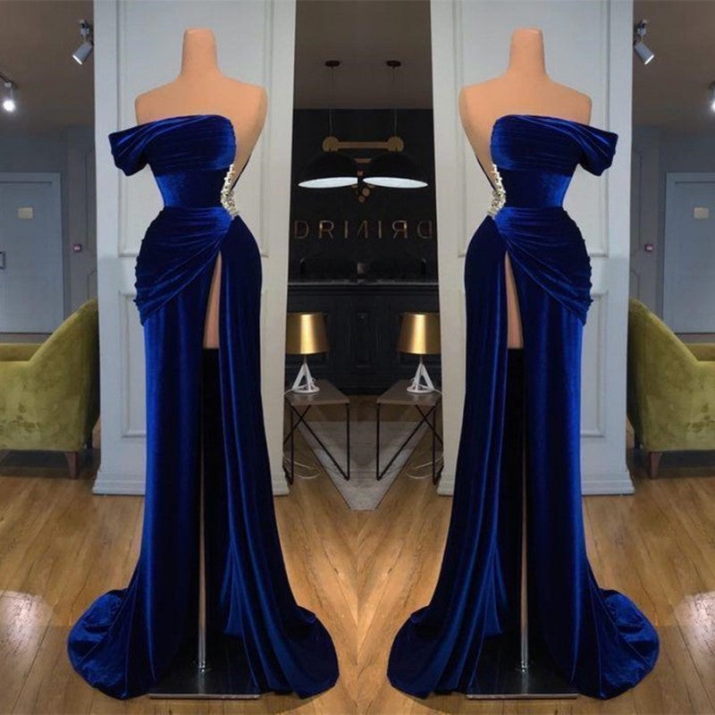 Königsblaues, schulterfreies, langes Ball- und Abendkleid mit Schlitz