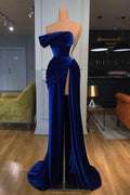 Königsblaues, schulterfreies, langes Ball- und Abendkleid mit Schlitz