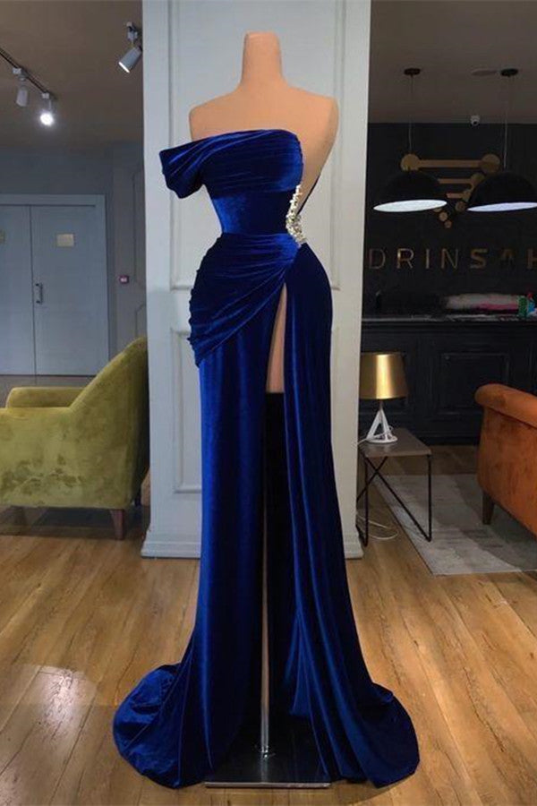 Königsblaues, schulterfreies, langes Ball- und Abendkleid mit Schlitz