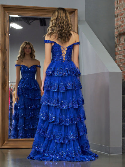 Königsblaues Prinzessinnen-A-Linien-Ballkleid mit schulterfreiem Korsett und Spitzenrüschen