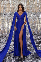 Vestido de fiesta de gasa azul rey con escote en V, sin mangas, abertura frontal y volantes