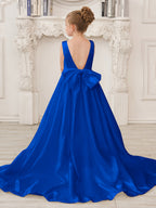 A-Line Princess Sleeveless Satin Flower Girl Dress with Sweep Train and Bow