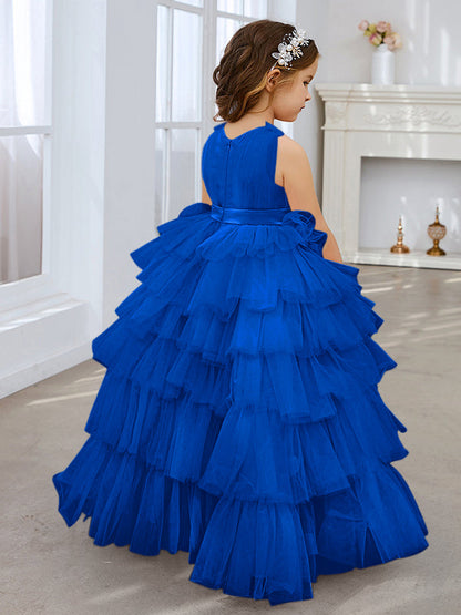 Vestido de fiesta/princesa rosa perla sin mangas con lazo de tul para niña de las flores