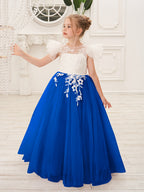 Abnehmbares Blumenmädchenkleid aus Spitze und Tüll mit Schleppe 