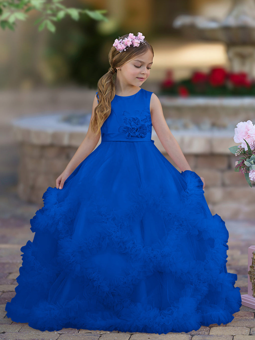 Vestido de niña de las flores de tul satinado con corte A y volantes en cascada hasta el suelo