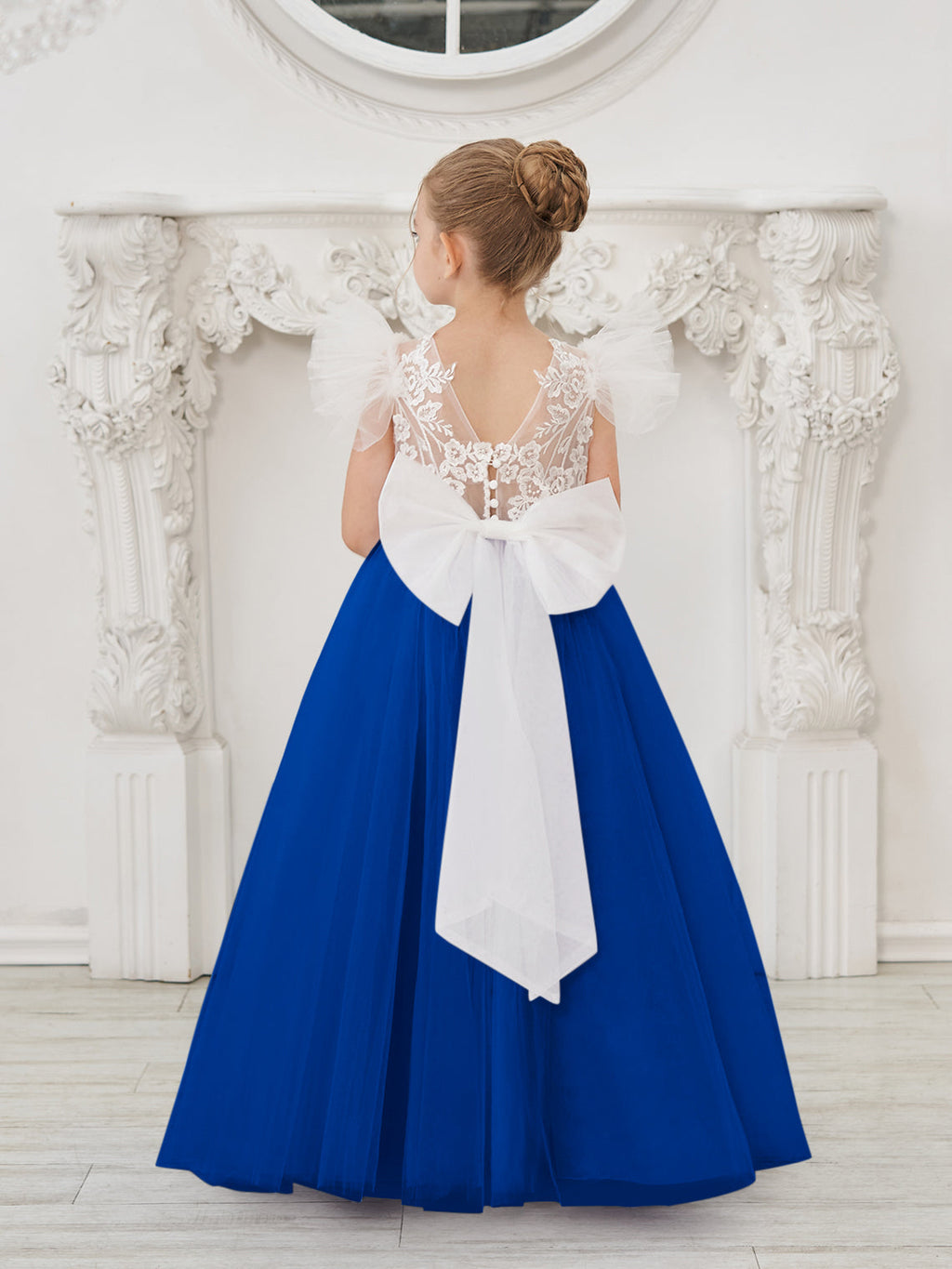 Abnehmbares Blumenmädchenkleid aus Spitze und Tüll mit Schleppe 