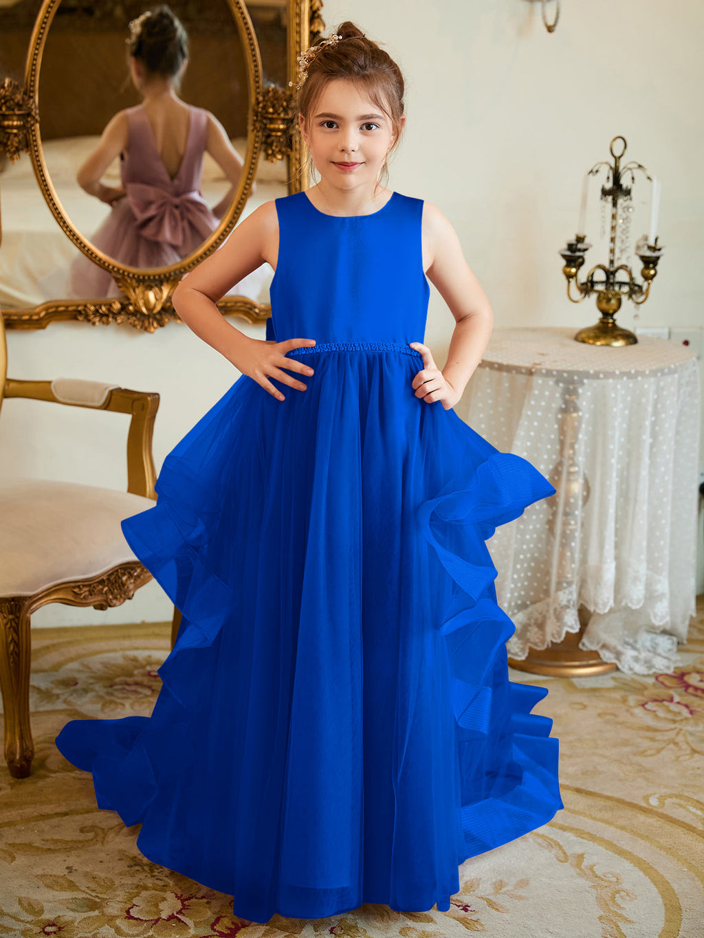 Duchesse-Linie/Princess-Linie Satin Tüll Bodenlang Blumenmädchenkleid 