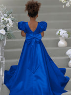 Blumenmädchenkleid mit Puffärmeln, Schleife, Knopfleiste hinten und Schleppe 