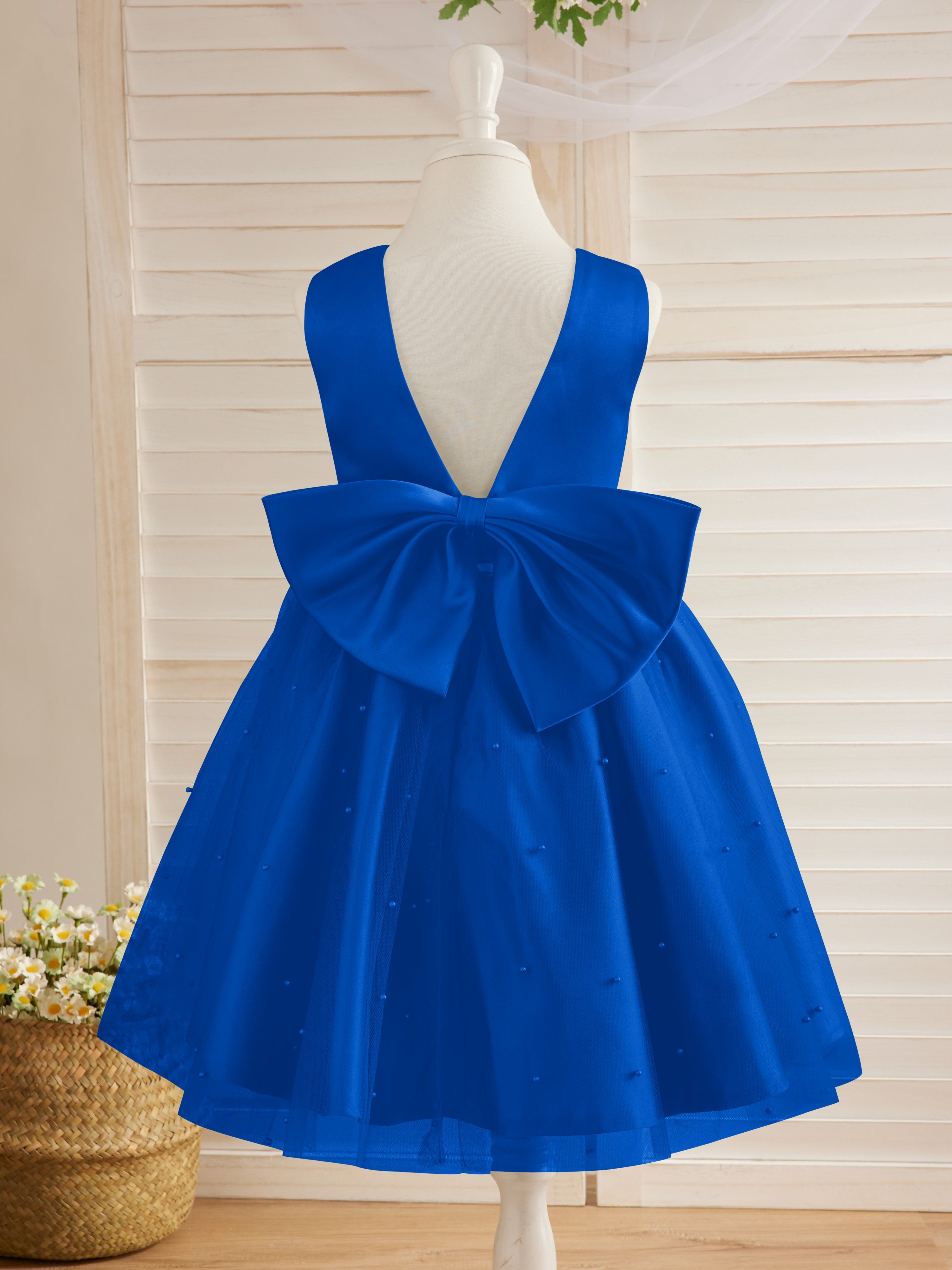 Vestido de niña de las flores de satén, tul y hasta la rodilla, estilo princesa