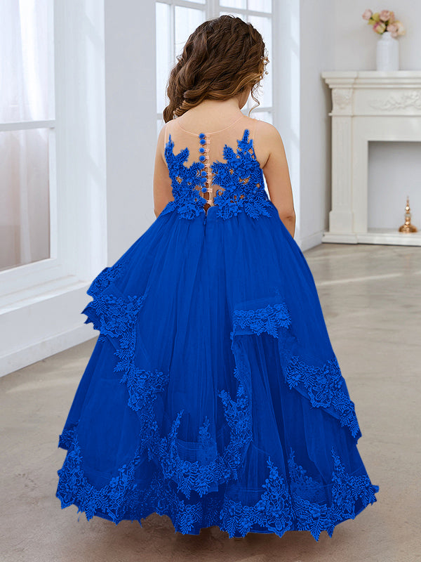 Ärmelloses Prinzessinnen-Tüllkleid mit Spitzenapplikationen und Schleppe für Mädchen 