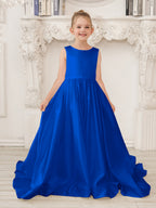 A-Linie Prinzessin Ärmelloses Satin Blumenmädchenkleid mit Schleppe und Schleife 