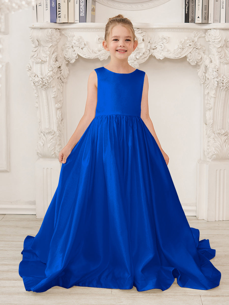 A-Linie Prinzessin Ärmelloses Satin Blumenmädchenkleid mit Schleppe und Schleife 