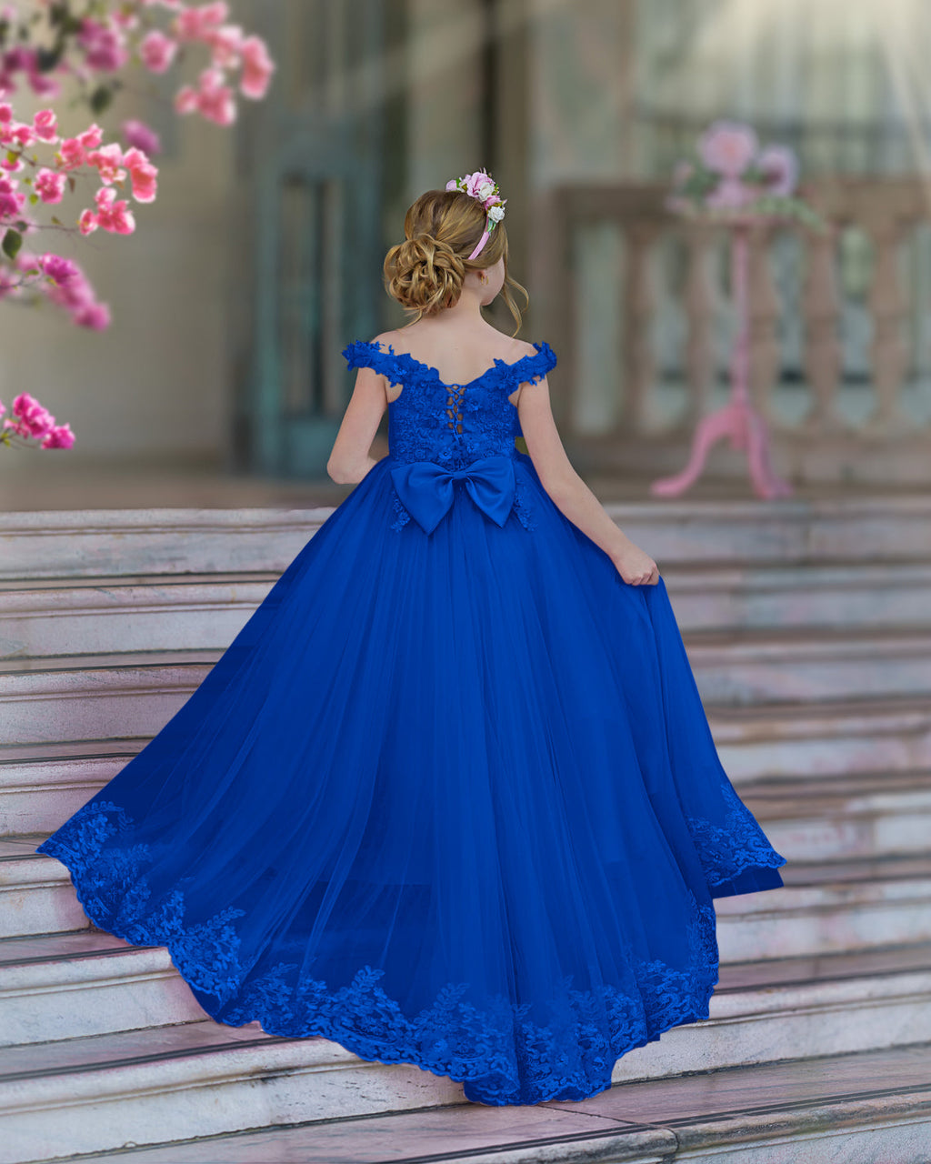 Vestido de fiesta/princesa de encaje con cola larga, color rosa, para cumpleaños