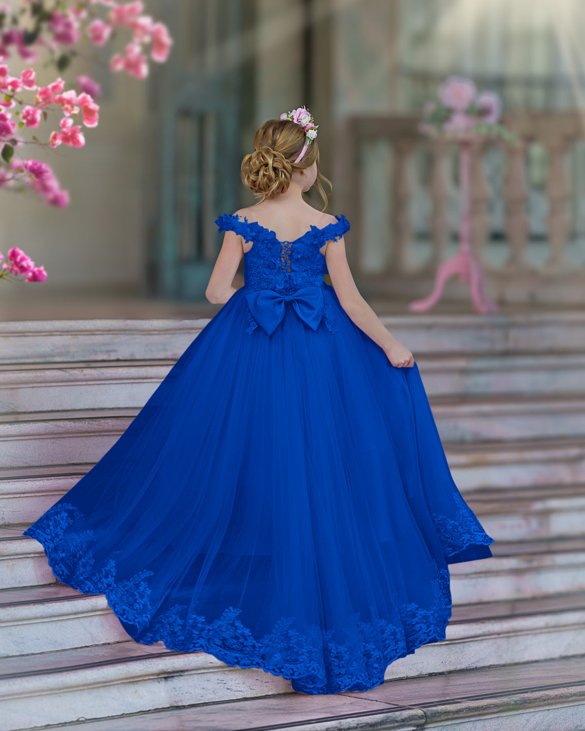 Vestido de fiesta/princesa de encaje con cola larga, color rosa, para cumpleaños