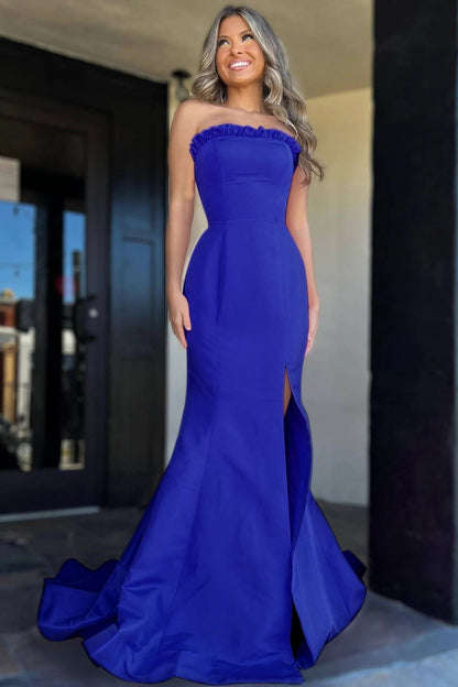 Denver | Trägerloses, langes Ballkleid im Meerjungfrauen-Stil mit Maganta-Rüschen