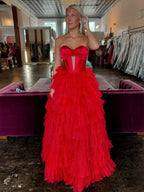 Rozara | Vestidos de fiesta largos de tul con escote corazón, escote en A y abertura en la espalda en fucsia