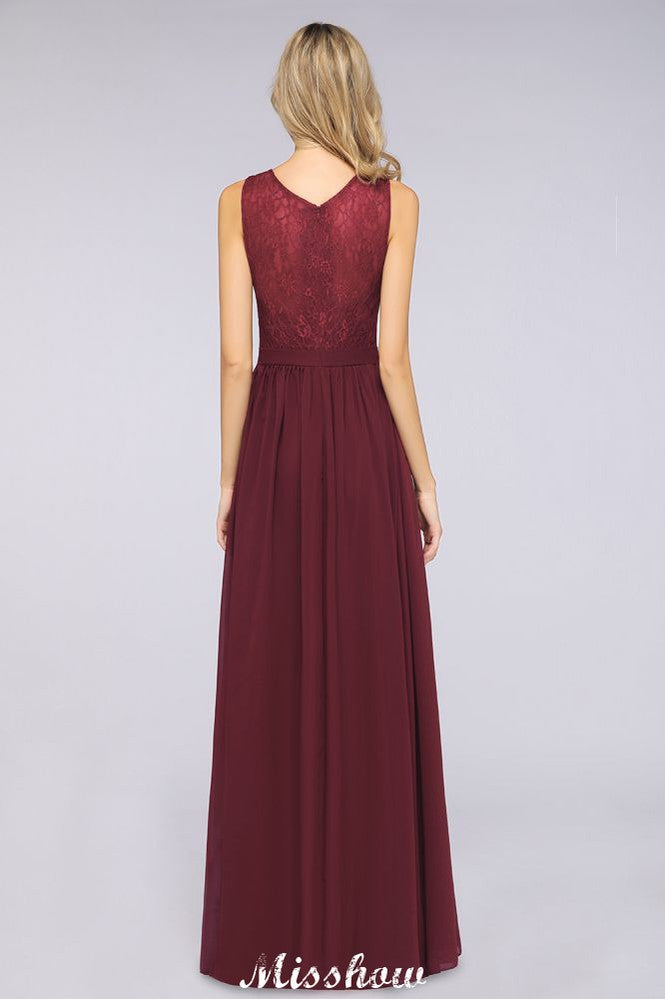 Vestido de dama de honor con volantes, corte A, largo hasta el suelo, de gasa, encaje y escote en V.