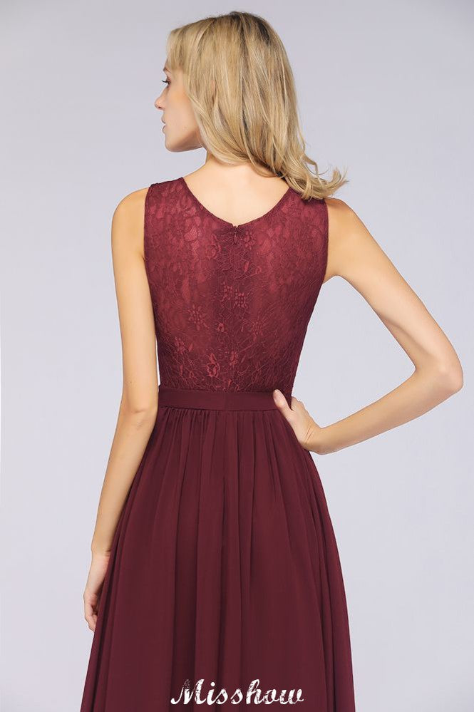 Vestido de dama de honor con volantes, corte A, largo hasta el suelo, de gasa, encaje y escote en V.