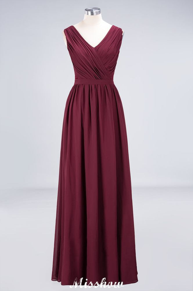 Vestido de dama de honor con volantes, corte A, largo hasta el suelo, de gasa, encaje y escote en V.