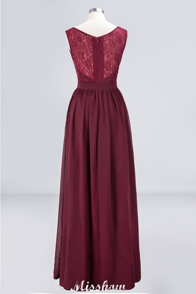 Vestido de dama de honor con volantes, corte A, largo hasta el suelo, de gasa, encaje y escote en V.