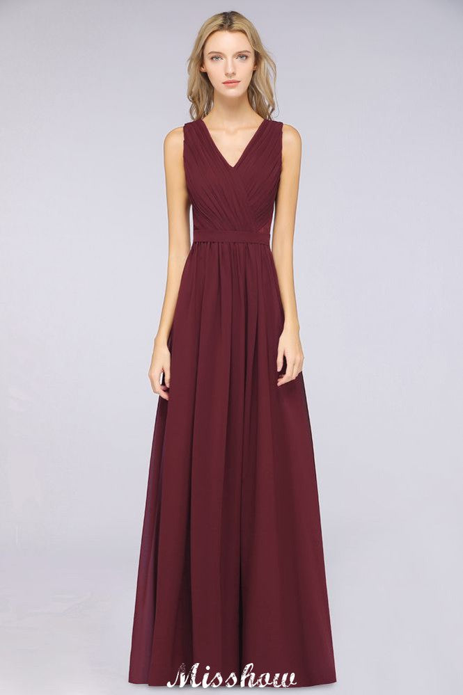 Vestido de dama de honor con volantes, corte A, largo hasta el suelo, de gasa, encaje y escote en V.
