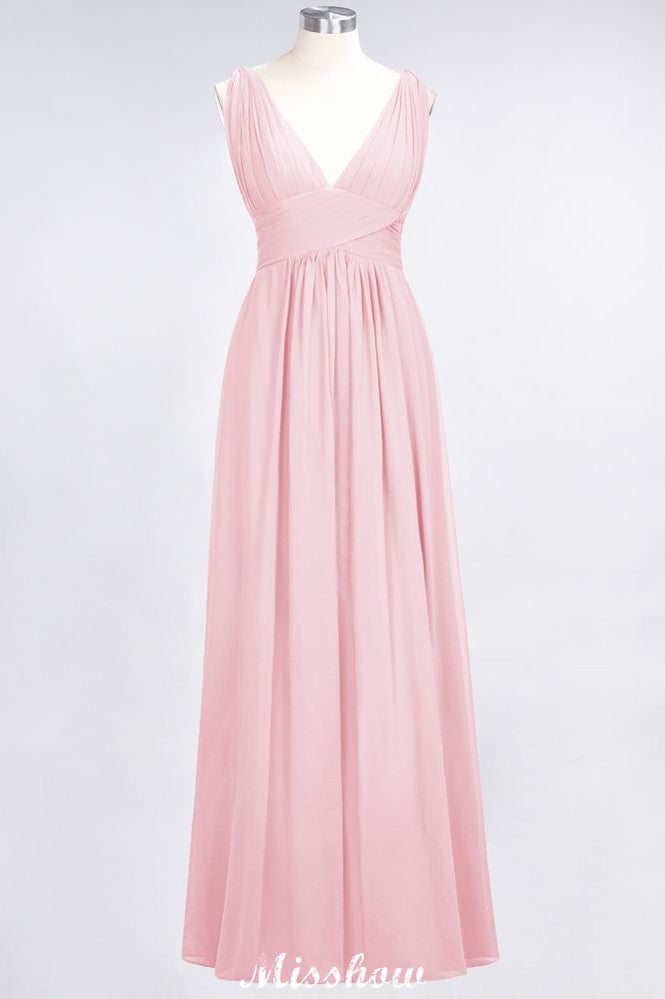 Ruffle Chiffon Sleeveless Evening Maxi Gown V-Neck Bridesmaid Dress