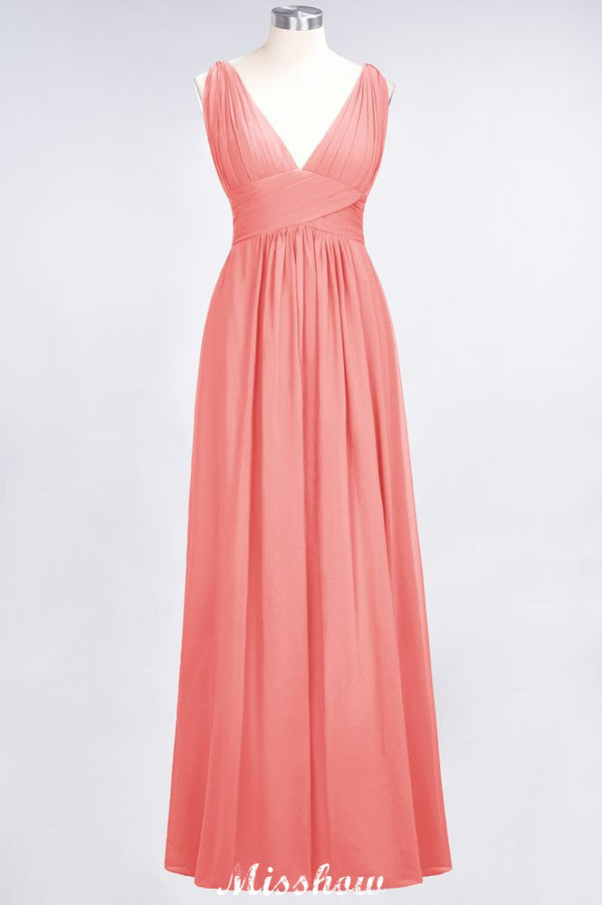 Ruffle Chiffon Sleeveless Evening Maxi Gown V-Neck Bridesmaid Dress