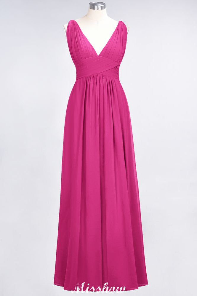 Ruffle Chiffon Sleeveless Evening Maxi Gown V-Neck Bridesmaid Dress