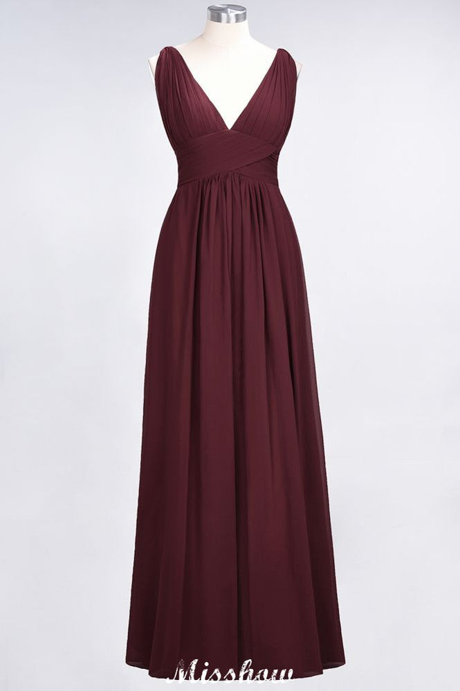 Ruffle Chiffon Sleeveless Evening Maxi Gown V-Neck Bridesmaid Dress