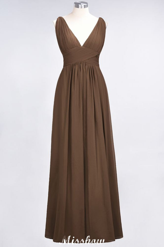 Ruffle Chiffon Sleeveless Evening Maxi Gown V-Neck Bridesmaid Dress