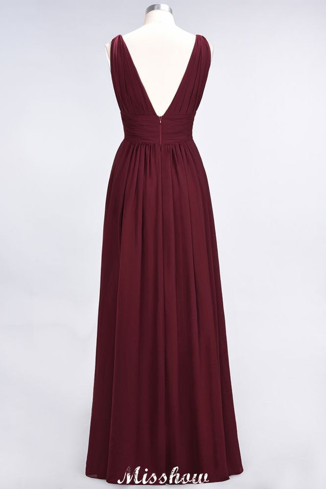 Ruffle Chiffon Sleeveless Evening Maxi Gown V-Neck Bridesmaid Dress