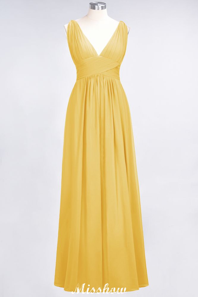 Ruffle Chiffon Sleeveless Evening Maxi Gown V-Neck Bridesmaid Dress