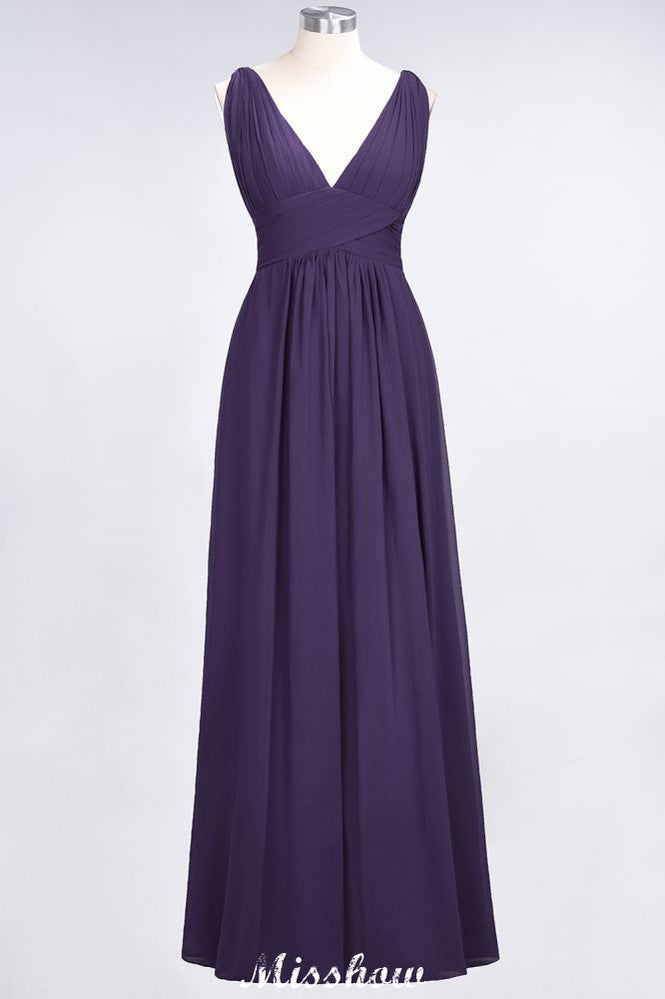 Ruffle Chiffon Sleeveless Evening Maxi Gown V-Neck Bridesmaid Dress