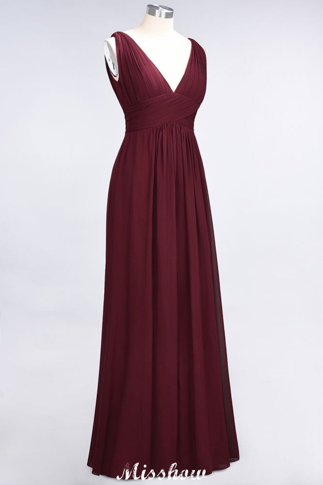Ruffle Chiffon Sleeveless Evening Maxi Gown V-Neck Bridesmaid Dress