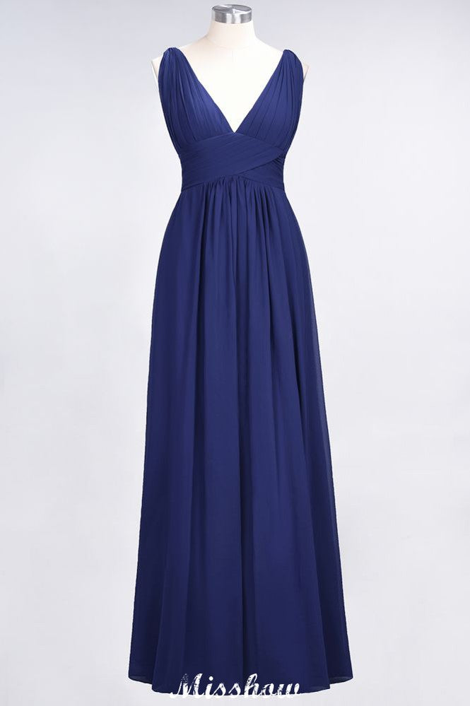 Ruffle Chiffon Sleeveless Evening Maxi Gown V-Neck Bridesmaid Dress