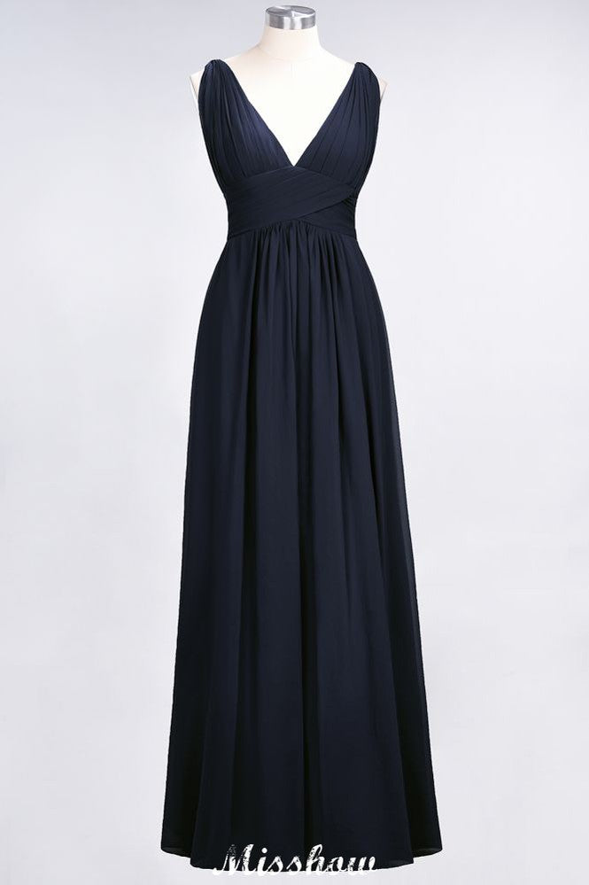 Ruffle Chiffon Sleeveless Evening Maxi Gown V-Neck Bridesmaid Dress