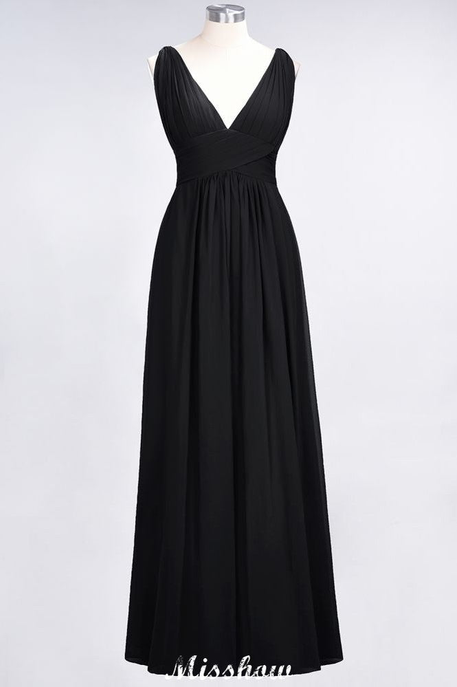 Ruffle Chiffon Sleeveless Evening Maxi Gown V-Neck Bridesmaid Dress