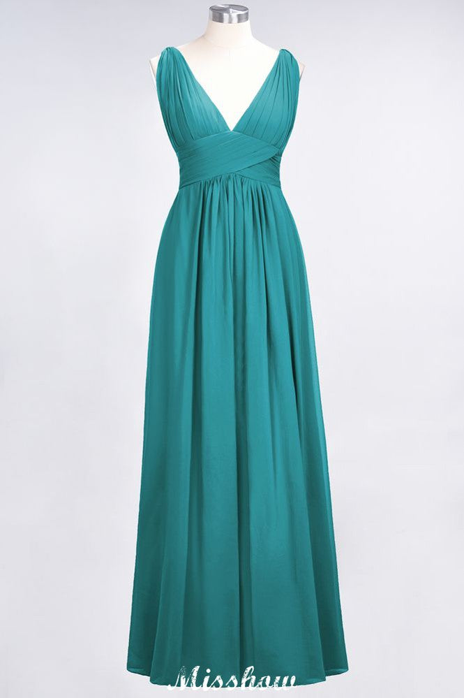 Ruffle Chiffon Sleeveless Evening Maxi Gown V-Neck Bridesmaid Dress
