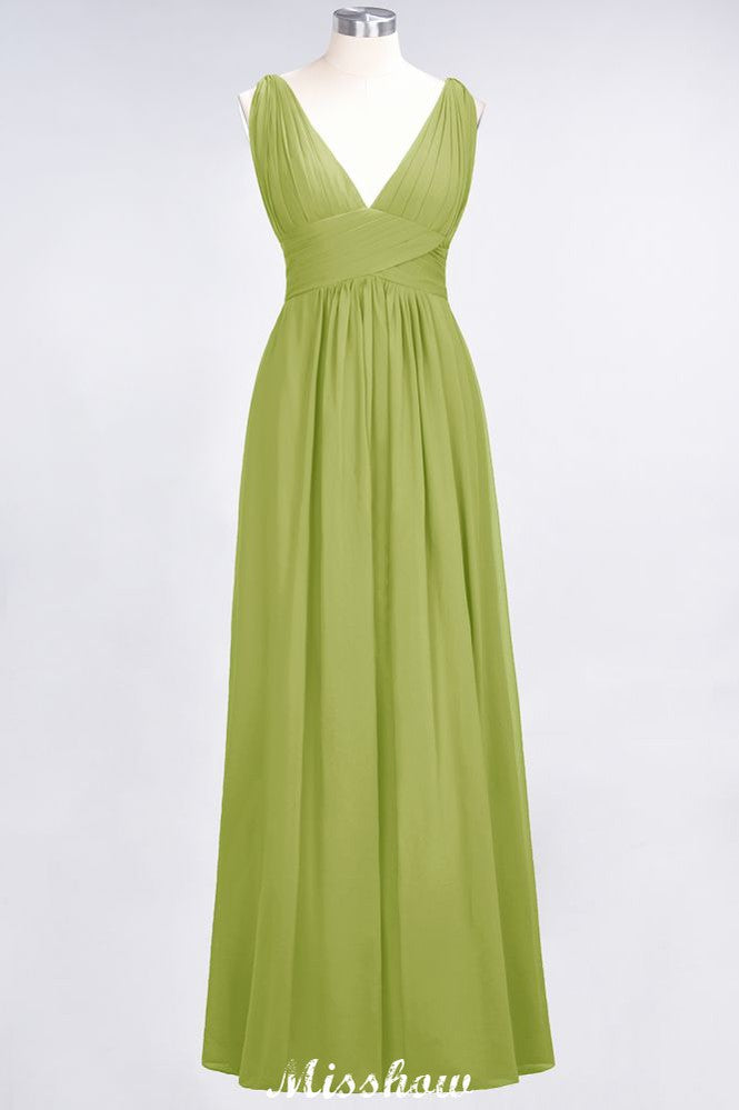 Ruffle Chiffon Sleeveless Evening Maxi Gown V-Neck Bridesmaid Dress