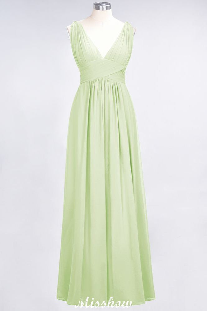 Ruffle Chiffon Sleeveless Evening Maxi Gown V-Neck Bridesmaid Dress