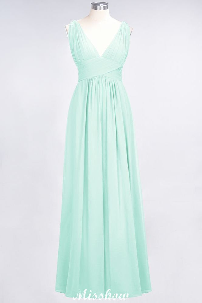 Ruffle Chiffon Sleeveless Evening Maxi Gown V-Neck Bridesmaid Dress