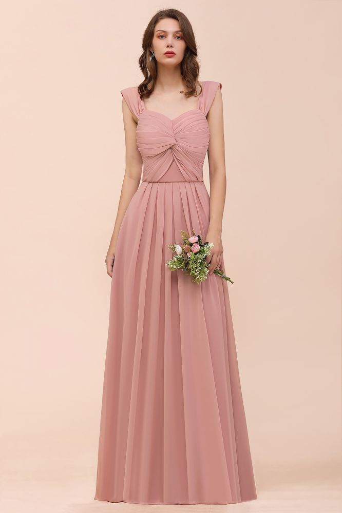 Vestido maxi rosa empolvado de dama de honor con tirantes y volantes en forma de A para niñas