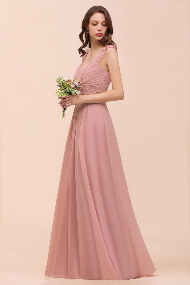 Vestido maxi rosa empolvado de dama de honor con tirantes y volantes en forma de A para niñas