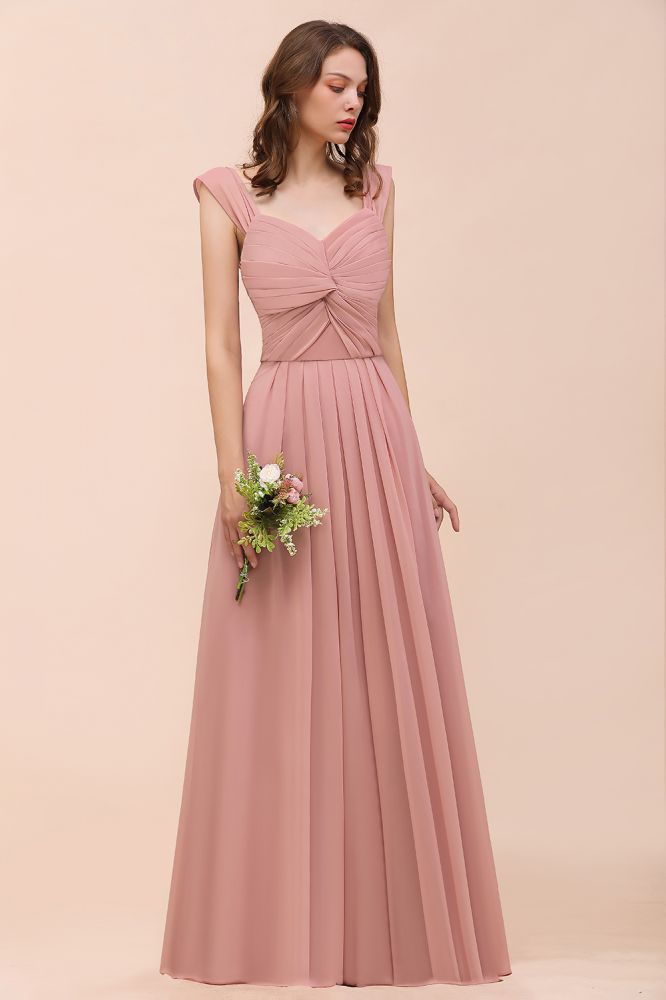 Vestido maxi rosa empolvado de dama de honor con tirantes y volantes en forma de A para niñas