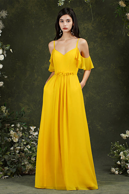 Ruffles Aline Spaghetti Strapes Tulle Long Prom Dress